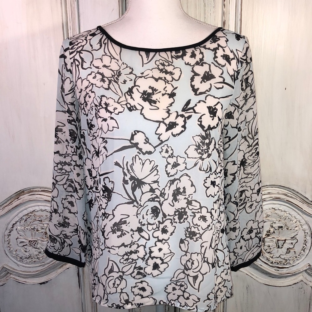 LOFT Black and White Floral Sheer Blouse